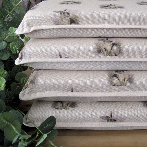 Rabbit Print Square Seat Pads With Ties, Set Of Linen Look Chair Cushions - image 1
