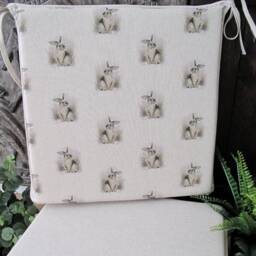 Rabbit Print Square Seat Pads With Ties, Set Of Linen Look Chair Cushions - thumbnail 3