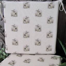 Rabbit Print Square Seat Pads With Ties, Set Of Linen Look Chair Cushions - thumbnail 2