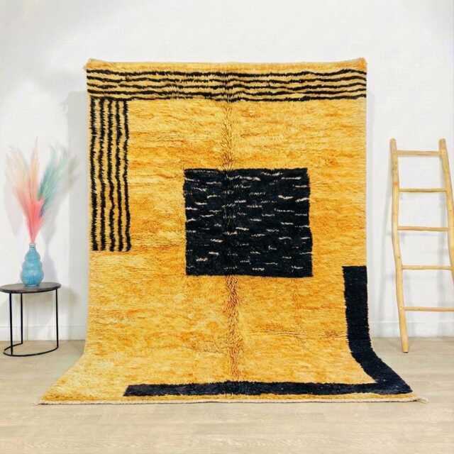 Moroccan Yellow Berber Rug, Handwoven Wool Shag Rug With Geometric Blocks, Authentic Beni Ourain Style Carpet, Large 9x12 Area - image 1