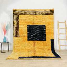 Moroccan Yellow Berber Rug, Handwoven Wool Shag Rug With Geometric Blocks, Authentic Beni Ourain Style Carpet, Large 9x12 Area