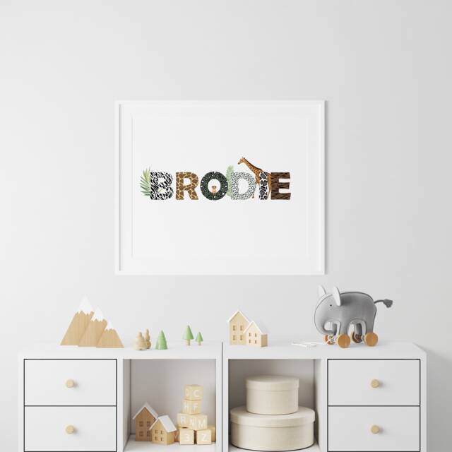 Personalised Safari Name Print A3, A4, 10x8, 8x6, 5x7, 4x6 Nursery Boho Jungle Animal Style Inspired Wall Art