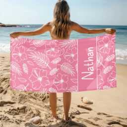 Custom Hawaiian Floral Beach Towel, Name Birthday Party Pool Tropical Bath Vacation Gift, Lover's Gifts