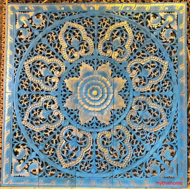 Blue Gold Mandala Headboard Queen, Lotus Wood Carved Panel 150 cm, Teak Carve Wooden Square Panel, Thai Carving Moroccan 60 - image 1