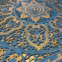 Blue Gold Mandala Headboard Queen, Lotus Wood Carved Panel 150 cm, Teak Carve Wooden Square Panel, Thai Carving Moroccan 60 - thumbnail 4