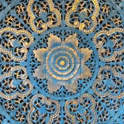 Blue Gold Mandala Headboard Queen, Lotus Wood Carved Panel 150 cm, Teak Carve Wooden Square Panel, Thai Carving Moroccan 60 - thumbnail 2