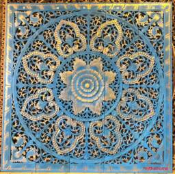 Blue Gold Mandala Headboard Queen, Lotus Wood Carved Panel 150 cm, Teak Carve Wooden Square Panel, Thai Carving Moroccan 60