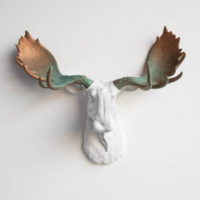 Faux Taxidermy Moose Head Wall Mount - Decor White & Copper Patina M0174 - image 1