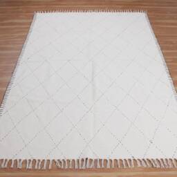 Beige Cotton Kilim Rug, Handwoven Diamond Pattern, Boho Tassel Area Rug - thumbnail 2