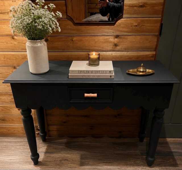 Wooden Console Table - Hand-Painted Dixie Belle Black Sands Scalloped Edge Hallway Turned Leg Dressing Farmhouse Entryway - image 1
