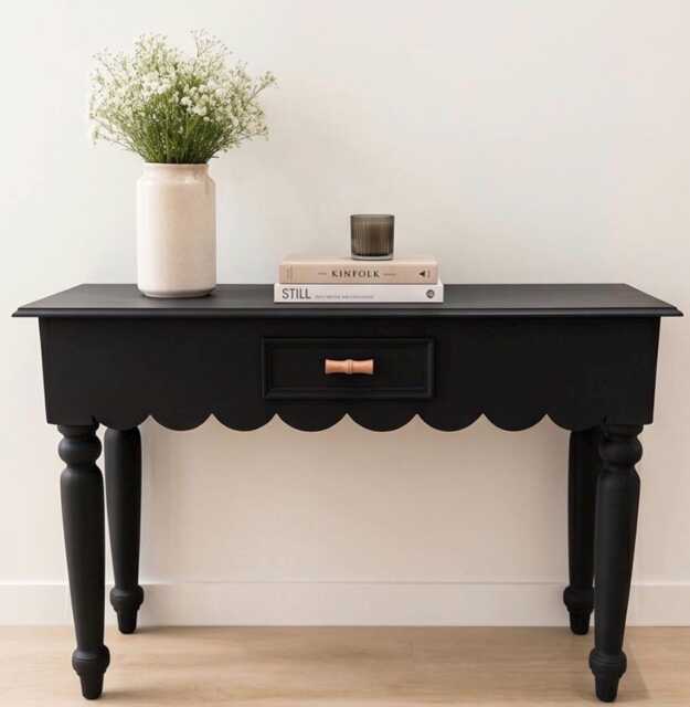 Wooden Console Table - Hand-Painted Dixie Belle Black Sands Scalloped Edge Hallway Turned Leg Dressing Farmhouse Entryway - image 1