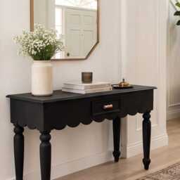 Wooden Console Table - Hand-Painted Dixie Belle Black Sands Scalloped Edge Hallway Turned Leg Dressing Farmhouse Entryway - thumbnail 2