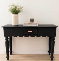 Wooden Console Table - Hand-Painted Dixie Belle Black Sands Scalloped Edge Hallway Turned Leg Dressing Farmhouse Entryway