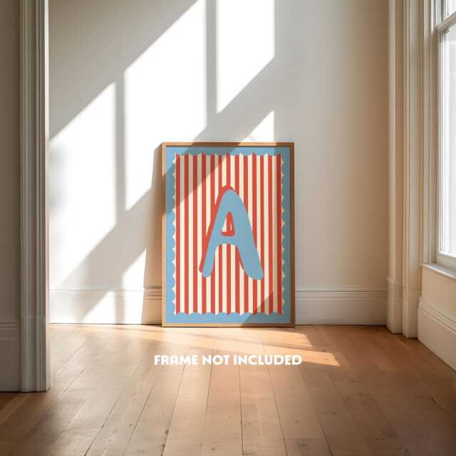 Boys Bedroom Initial Print, Circus Theme, Blue & Red Striped, Retro Nursery, Toddler Wall Art, Colourful Kids Decor, Checkered, Scallop - image 1
