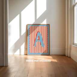 Boys Bedroom Initial Print, Circus Theme, Blue & Red Striped, Retro Nursery, Toddler Wall Art, Colourful Kids Decor, Checkered, Scallop - thumbnail 1