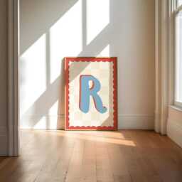 Boys Bedroom Initial Print, Circus Theme, Blue & Red Striped, Retro Nursery, Toddler Wall Art, Colourful Kids Decor, Checkered, Scallop - thumbnail 2