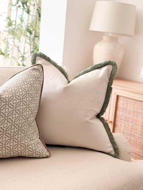 Ivory Velvet Cushion Cover With Antique Sage Green Fringe - Handmade To Order - image 1
