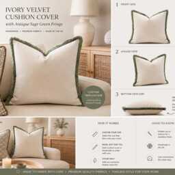 Ivory Velvet Cushion Cover With Antique Sage Green Fringe - Handmade To Order - thumbnail 2