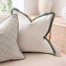 Ivory Velvet Cushion Cover With Antique Sage Green Fringe - Handmade To Order - thumbnail 3