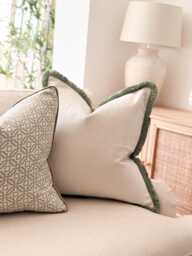 Ivory Velvet Cushion Cover With Antique Sage Green Fringe - Handmade To Order