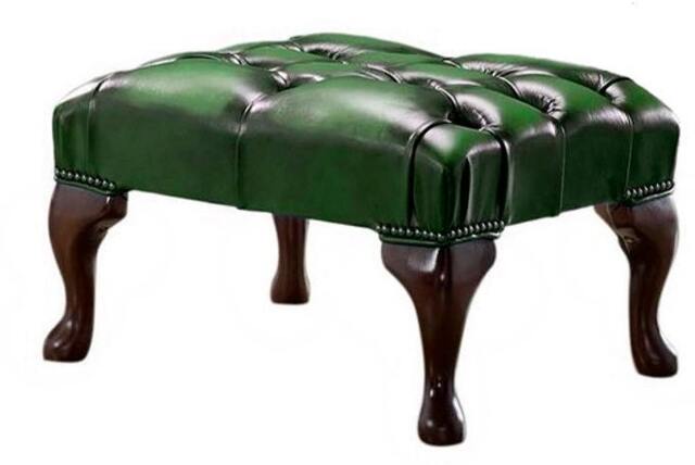 Traditional Chesterfield Queen Anne Footstool 100% Antique Green Leather - image 1