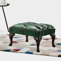 Traditional Chesterfield Queen Anne Footstool 100% Antique Green Leather - thumbnail 2