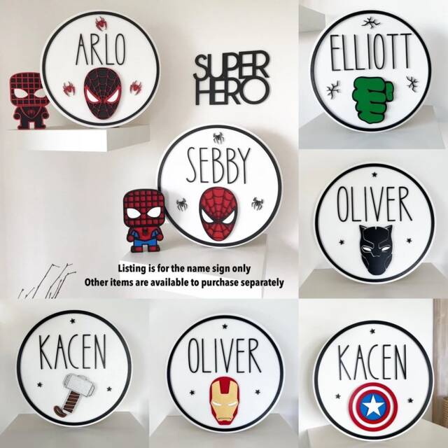 Wooden Superhero Spider-Man/Hulk Miles Morales Ironman Thor Personalised Name Plaque Sign Boys Girls Decor - image 1
