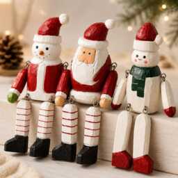 Whimsical Wooden Christmas Shelf Sitter Santa Snowman Figurine Hand Carved Winter Decor Secret Gift - thumbnail 4