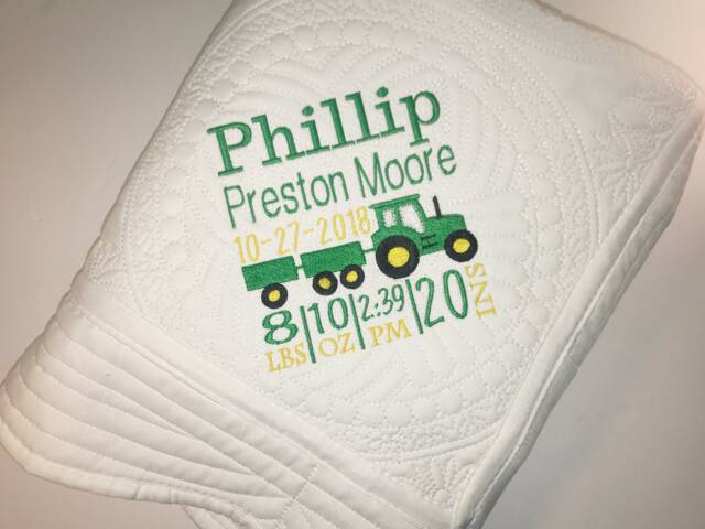 Personalized Baby Tractor Birth Statistics Keepsake Heirloom Quilt Blanket - image 1