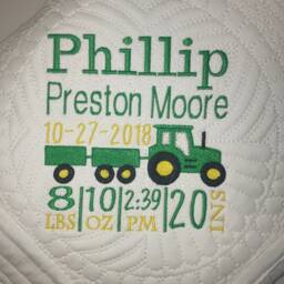 Personalized Baby Tractor Birth Statistics Keepsake Heirloom Quilt Blanket - thumbnail 2