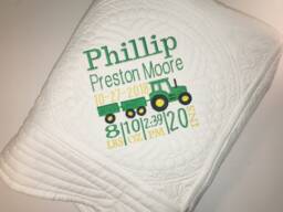 Personalized Baby Tractor Birth Statistics Keepsake Heirloom Quilt Blanket - thumbnail 1
