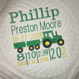 Personalized Baby Tractor Birth Statistics Keepsake Heirloom Quilt Blanket - thumbnail 3