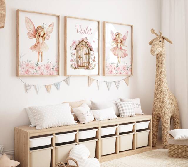 Personalized Fairy Garden Print Set Of 3 Pink Nursery Decor, Flowers, Door - image 1