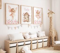 Personalized Fairy Garden Print Set Of 3 Pink Nursery Decor, Flowers, Door - thumbnail 1
