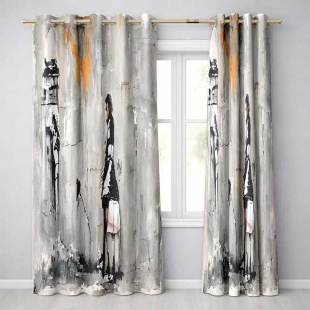 Woman in Black & White Dress Urban Graffiti Bold Vibrant Artwork For Home Decor Readymade Eyelet Ring Top Thermal 100% Blackout Curtains - image 1