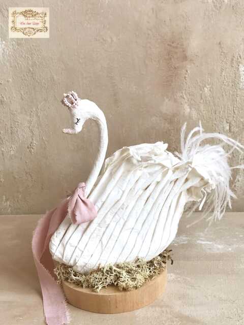 Fairytale Paper Swan in Pink Crown On Wood Base & Moss , Cake Topper Nursery Decor Children's Room Lake Party - image 1