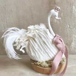 Fairytale Paper Swan in Pink Crown On Wood Base & Moss , Cake Topper Nursery Decor Children's Room Lake Party - thumbnail 2