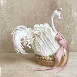 Fairytale Paper Swan in Pink Crown On Wood Base & Moss , Cake Topper Nursery Decor Children's Room Lake Party - thumbnail 3