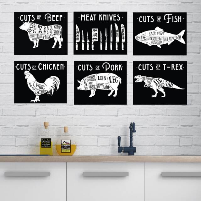 6 Butcher Prints Vintage Meat Diagram Chart Illustrations Cuts Of Beef Chicken Pork Fish T-Rex 8x10 Unframed Kitchen Wall Art 8049 - image 1