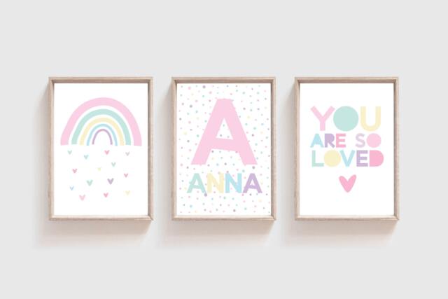 Set Of 3 Girls Nursery Prints, Rainbow Wall Art, Bedroom, You Are So Loved, Pastel, Decor, Playroom - image 1