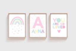 Set Of 3 Girls Nursery Prints, Rainbow Wall Art, Bedroom, You Are So Loved, Pastel, Decor, Playroom - thumbnail 1