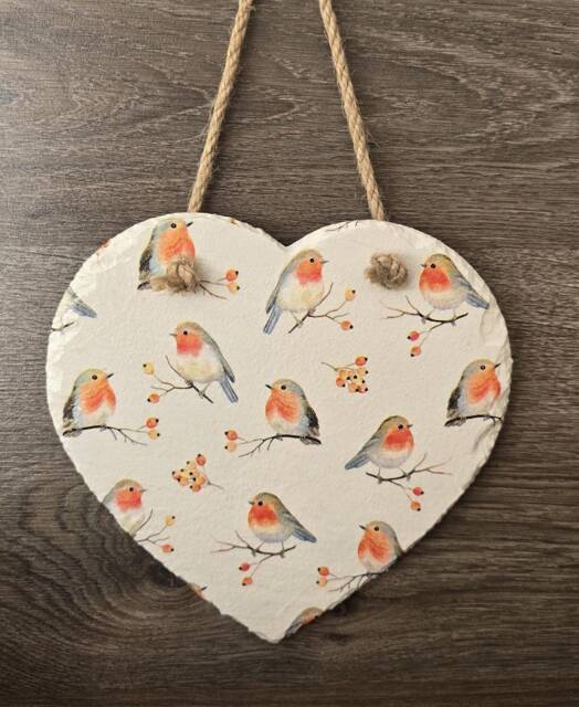 Robin Flower Heart Slate Plaque Wall Hanging Decoration Large 20cm Bird Gifts - image 1