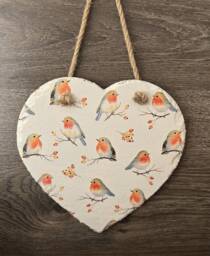 Robin Flower Heart Slate Plaque Wall Hanging Decoration Large 20cm Bird Gifts