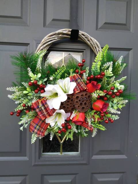 Christmas Door Wreath, Traditional Style With Flowers - image 1