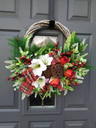 Christmas Door Wreath, Traditional Style With Flowers - thumbnail 1