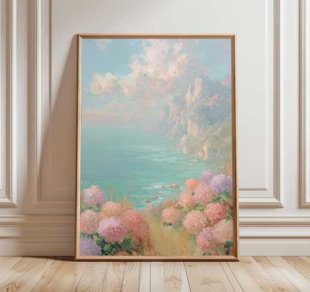 Coastal Flowers Poster, Pastel Seascape Wall Art, Impressionist Ocean Painting, Serene Landscape Print, Romantic Coastal Decor Artwork - image 1