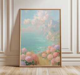 Coastal Flowers Poster, Pastel Seascape Wall Art, Impressionist Ocean Painting, Serene Landscape Print, Romantic Coastal Decor Artwork - thumbnail 1
