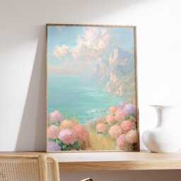 Coastal Flowers Poster, Pastel Seascape Wall Art, Impressionist Ocean Painting, Serene Landscape Print, Romantic Coastal Decor Artwork - thumbnail 2