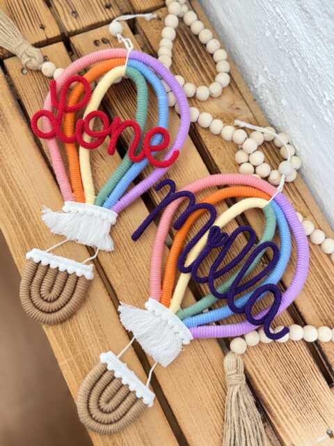 Macrame Rainbow Hot Air Balloon, Christening Gift, Personalized, Birth, Wall Hanging, Door Sign, Children's Room, Baby Room - image 1