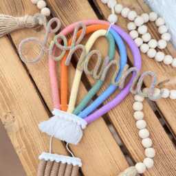 Macrame Rainbow Hot Air Balloon, Christening Gift, Personalized, Birth, Wall Hanging, Door Sign, Children's Room, Baby Room - thumbnail 2